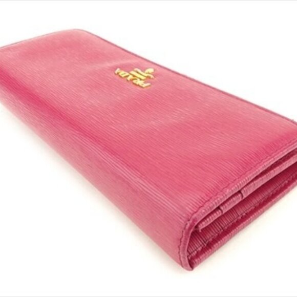Prada Long Wallet Logo Pink Gold leather Woman Authentic Used F1428 - Picture 4 of 9